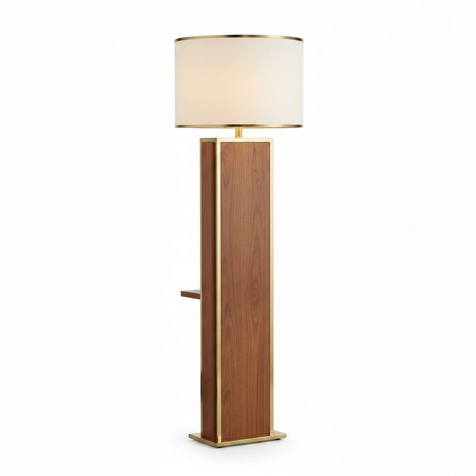 Column floor lamp rear angle showing slim profile and integrated shelf depth