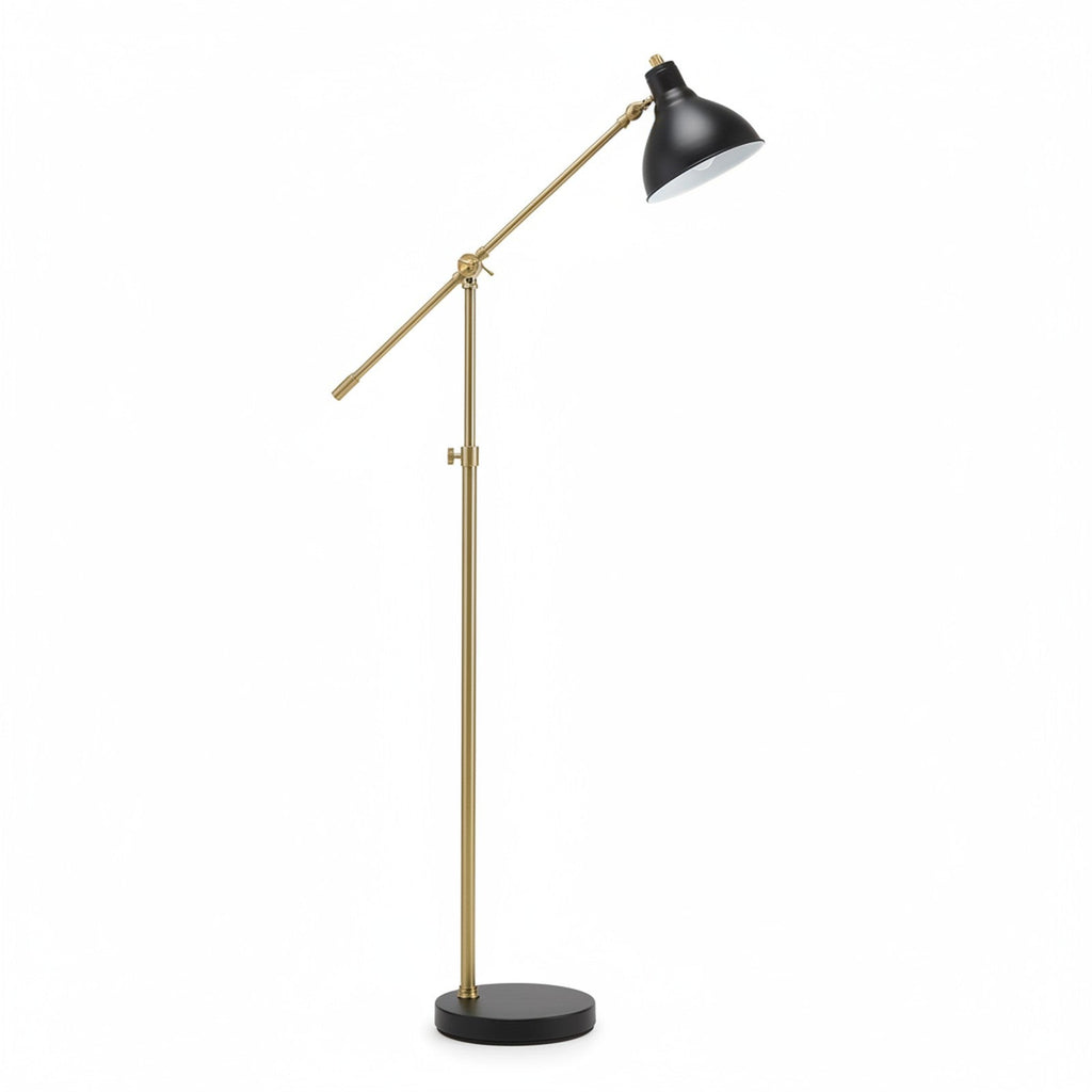 Adjustable arched reading floor lamp brass with black dome shade industrial modern