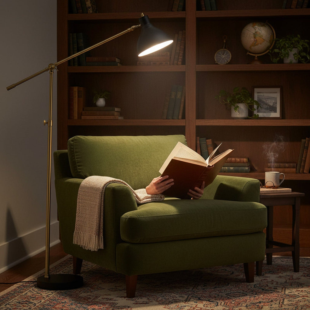 Brass arched reading lamp illuminating open book in cozy study reading chair