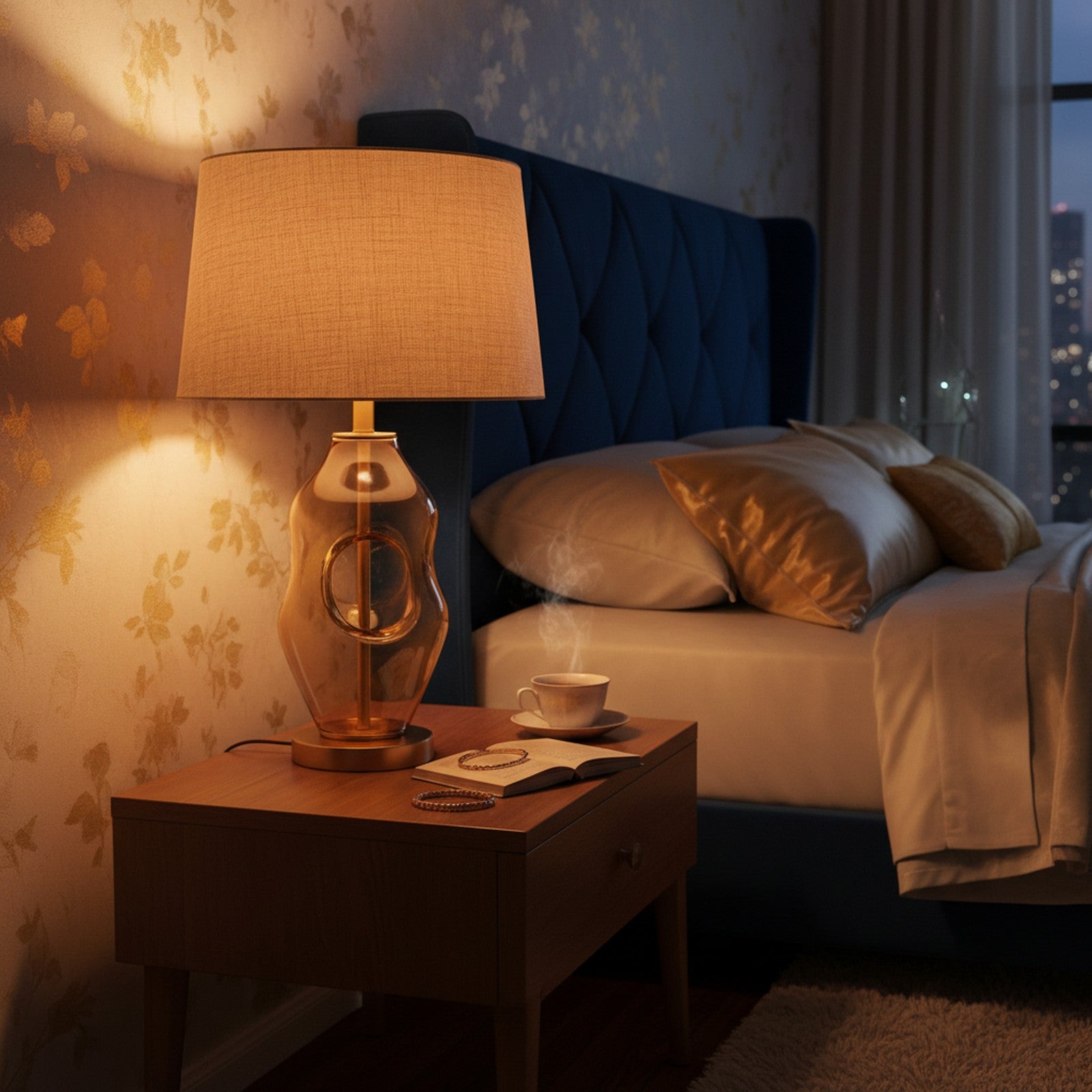 Murano amber glass table lamp on bedside nightstand in luxury bedroom with warm evening glow
