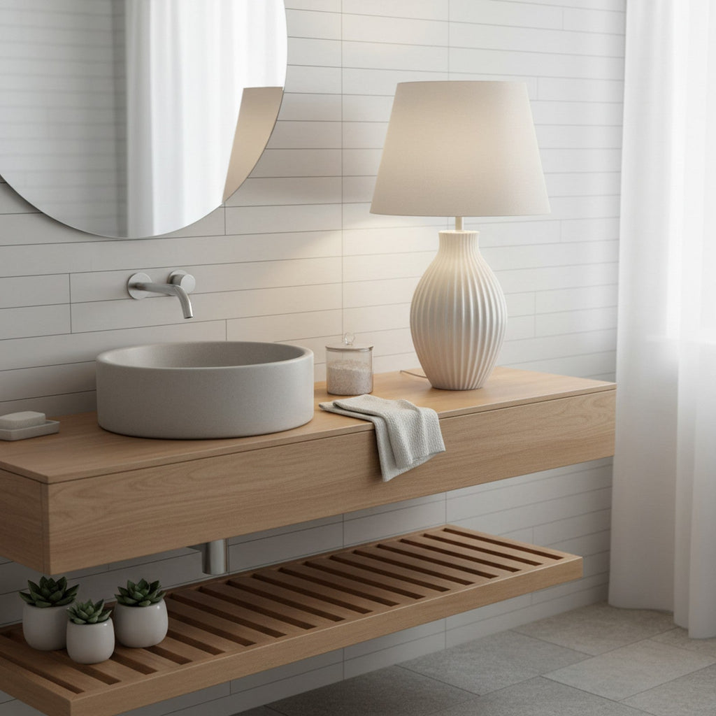 White ceramic textured table lamp on bathroom vanity providing spa-like sculptural elegance