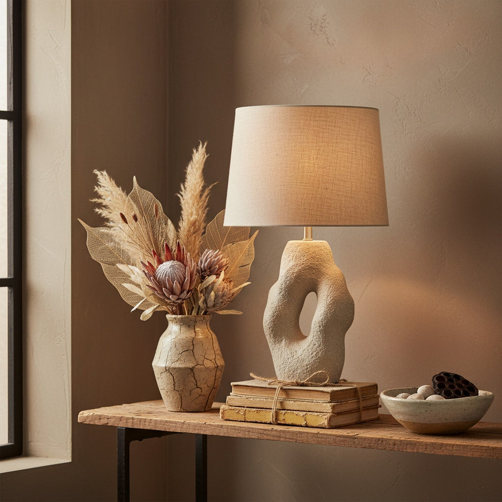Cast stone sculptural lamp in wabi-sabi living room vignette with dried botanicals and books
