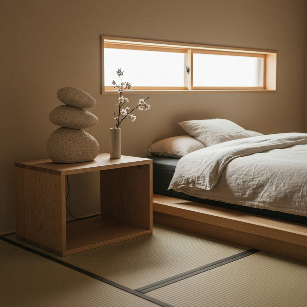 Cast stone sculptural lamp on wooden nightstand in minimalist Japanese-style bedroom