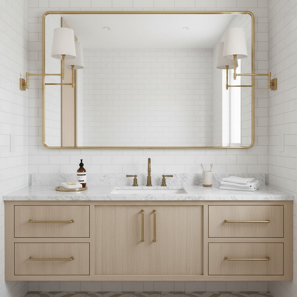 Brass swing-arm sconces flanking bathroom vanity mirror for flattering grooming light