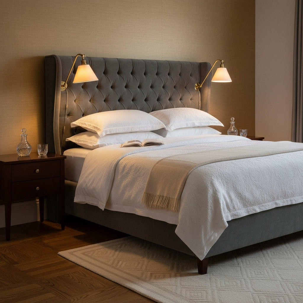 Brass swing-arm sconces flanking bed headboard for warm bedside reading light