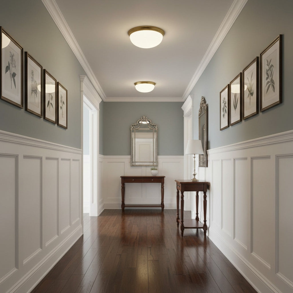 Brass and opal glass flush mount ceiling light in classic hallway with wainscoting