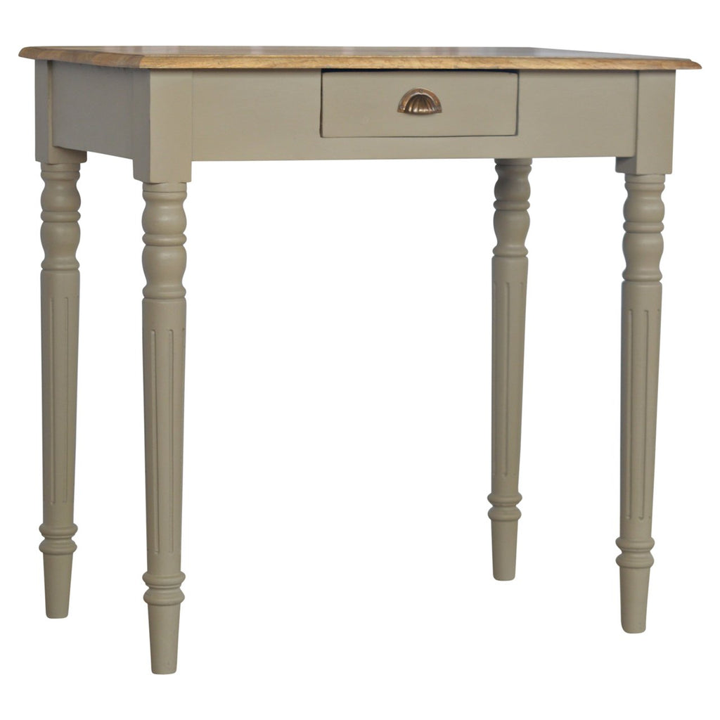 French Grey Mango Wood 1-Drawer Writing Desk — Fluted Legs, Oak Finish Top | Sablon