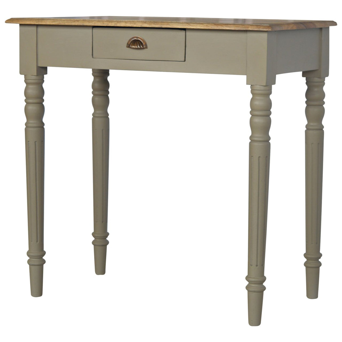 French Grey Mango Wood 1-Drawer Writing Desk — Fluted Legs, Oak Finish Top | Sablon