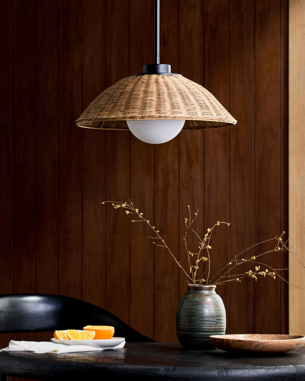 Rupit Rattan Pendant Light, Powder Coated Black