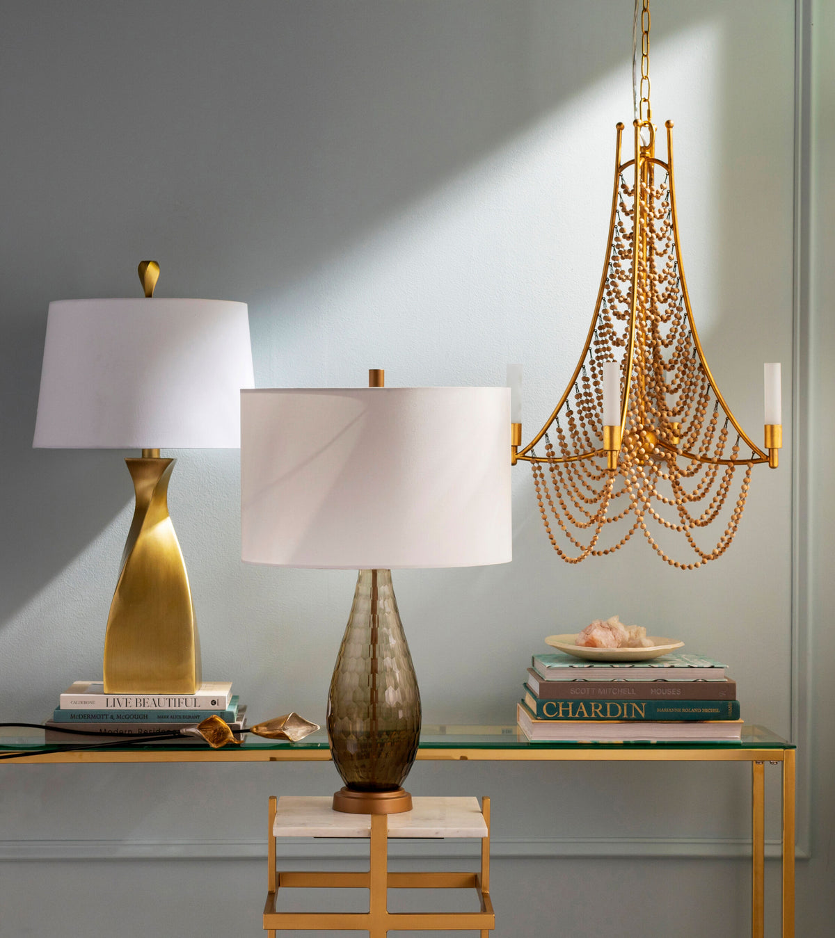 Hawes Steel Chandelier, Powder Coated Gold, Natural Brown