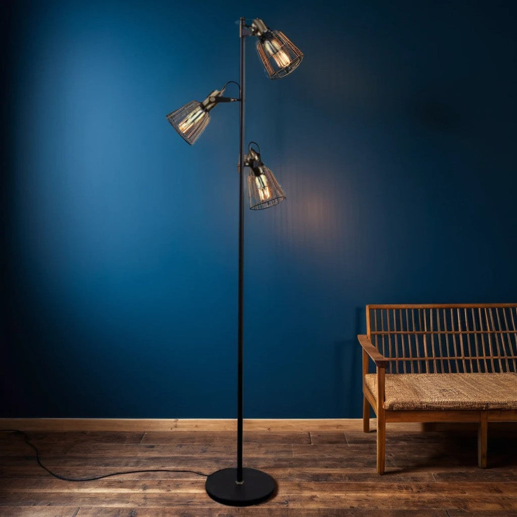 Black Floor Lamp with Wire Shades 3 Heads E14 60W IP20