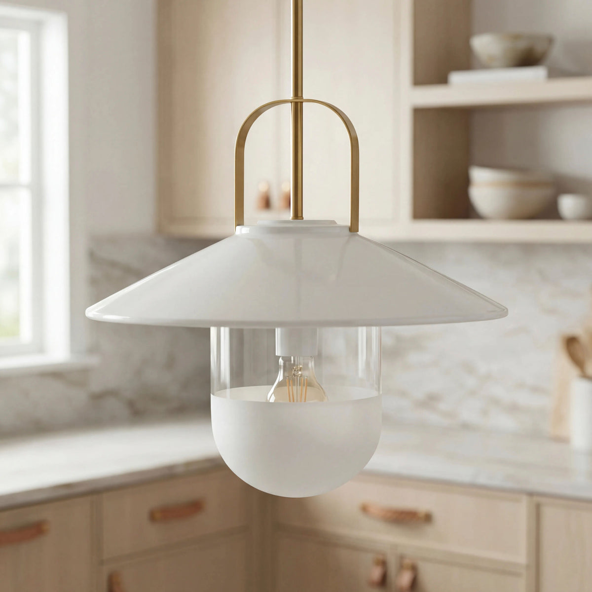 Tuliw Iron Pendant Light, Powder Coated White, Electroplated Metallic Brass
