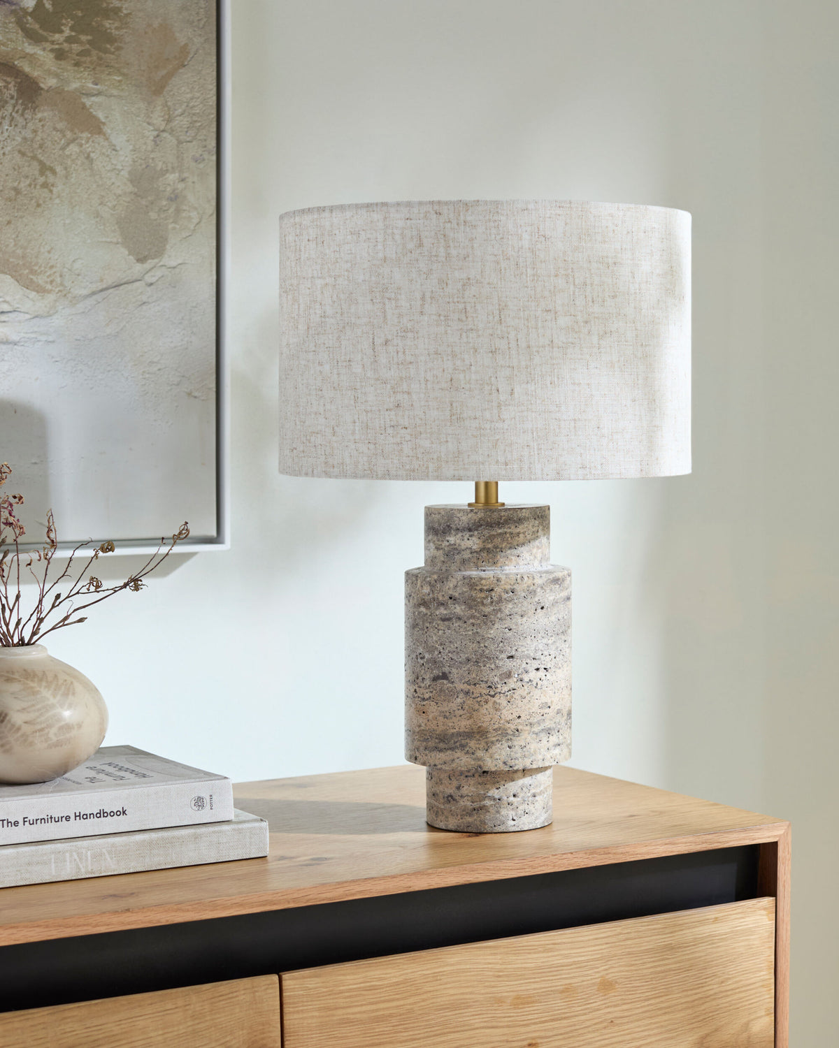 Taven 19" Travertine Table Lamp, Natural Gray