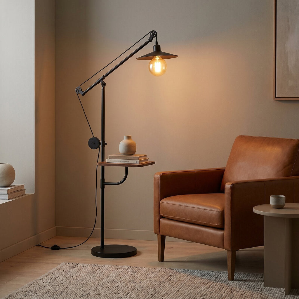 Industrialna lampa do czytania z półką w nowoczesnym salonie