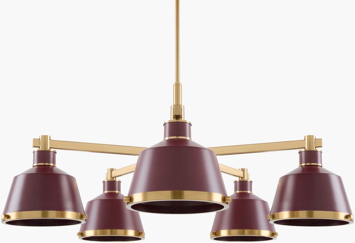 Valente Iron Chandelier, Powder Coated Red, Electroplated Metallic Brass