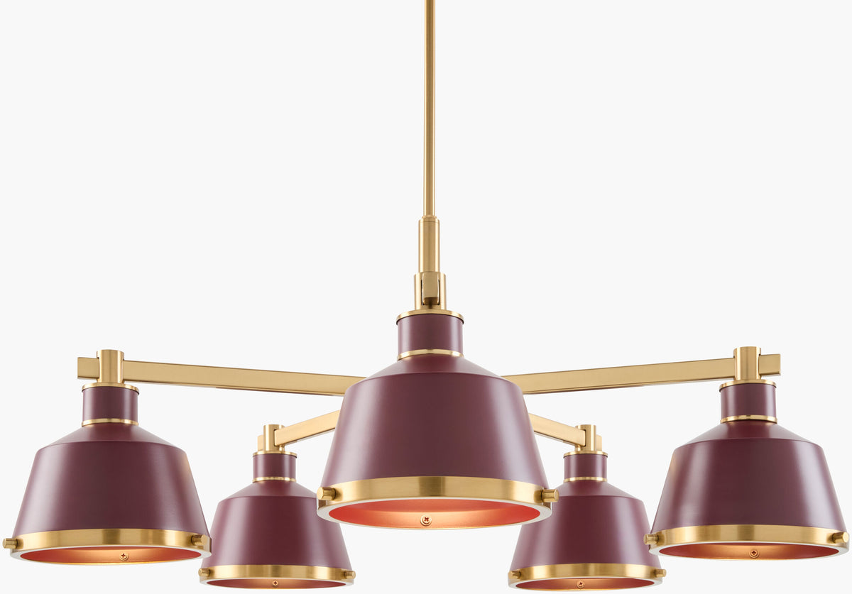 Valente Iron Chandelier, Powder Coated Red, Electroplated Metallic Brass
