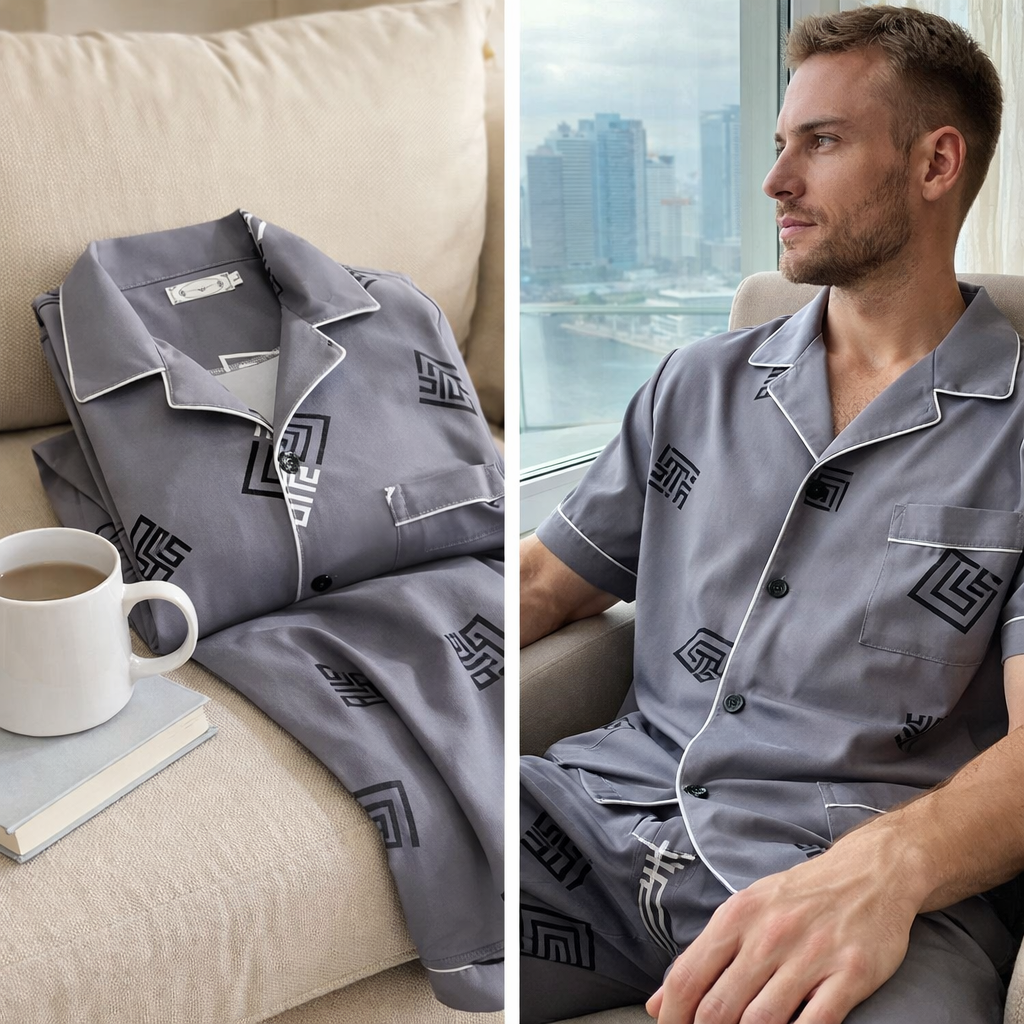 Men's Pajama Set With Button-Up Shirt